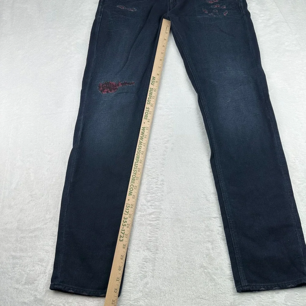 Guess Slim Angels Mens 33x32 Dark Wash Distressed Rip Repair Red Lining Jeans